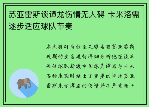 苏亚雷斯谈谭龙伤情无大碍 卡米洛需逐步适应球队节奏