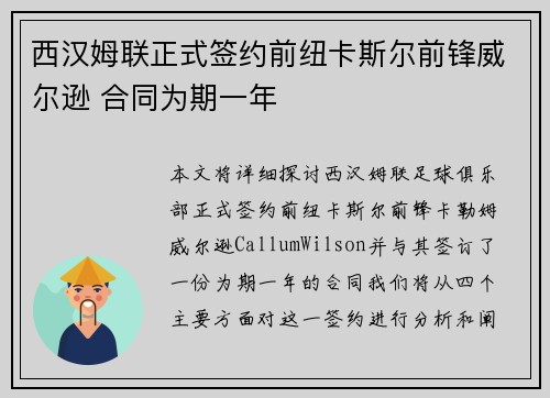 西汉姆联正式签约前纽卡斯尔前锋威尔逊 合同为期一年